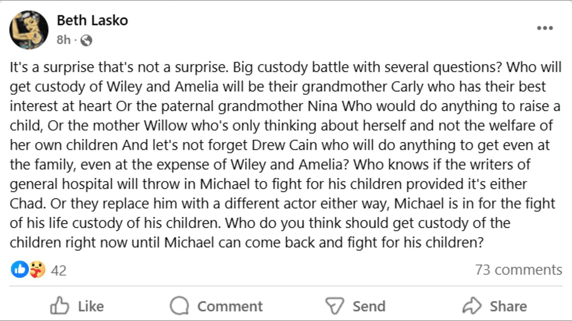 A Facebook post about Wiley and Amelia's custody situation (Image via Facebook/General Hospital Fans - Official)